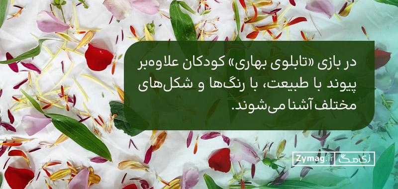 در بازی «تابلوی بهاری» کودکان علاوه‌بر پیوند با طبیعت، با رنگ‌ها و شکل‌های مختلف آشنا می‌شوند.