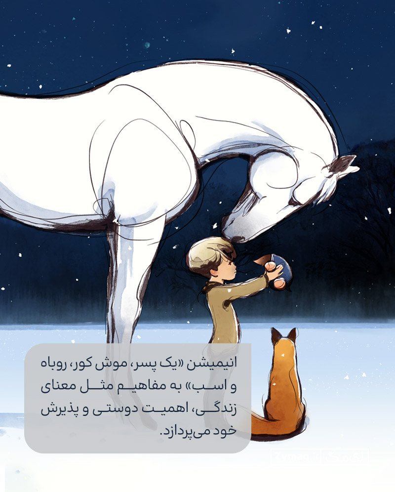انیمیشن «یک پسر، موش کور، روباه و اسب» به مفاهیم مثل معنای زندگی، اهمیت دوستی و پذیرش خود می‌پردازد.